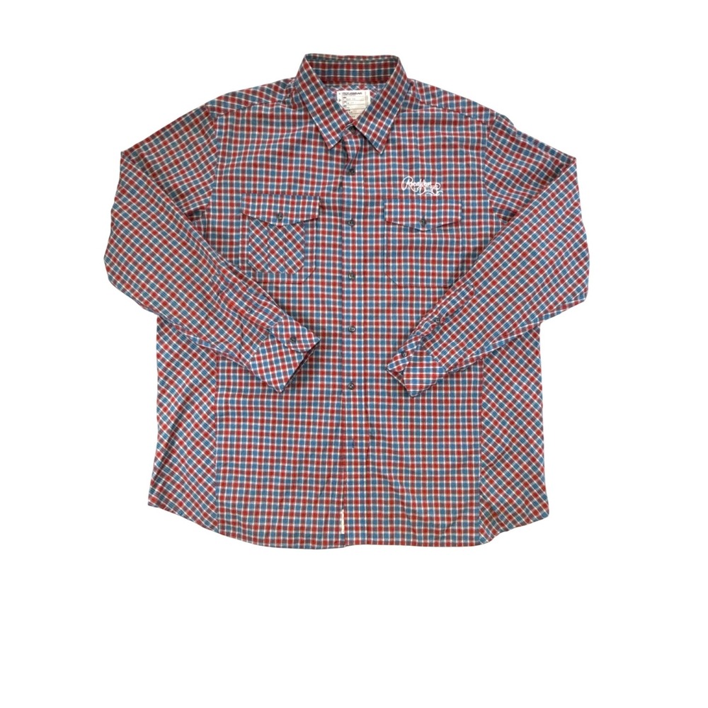 Rocawear Mens 2XL Plaid Button Down Shirt Red Blue White Cotton Long Sleeve Logo